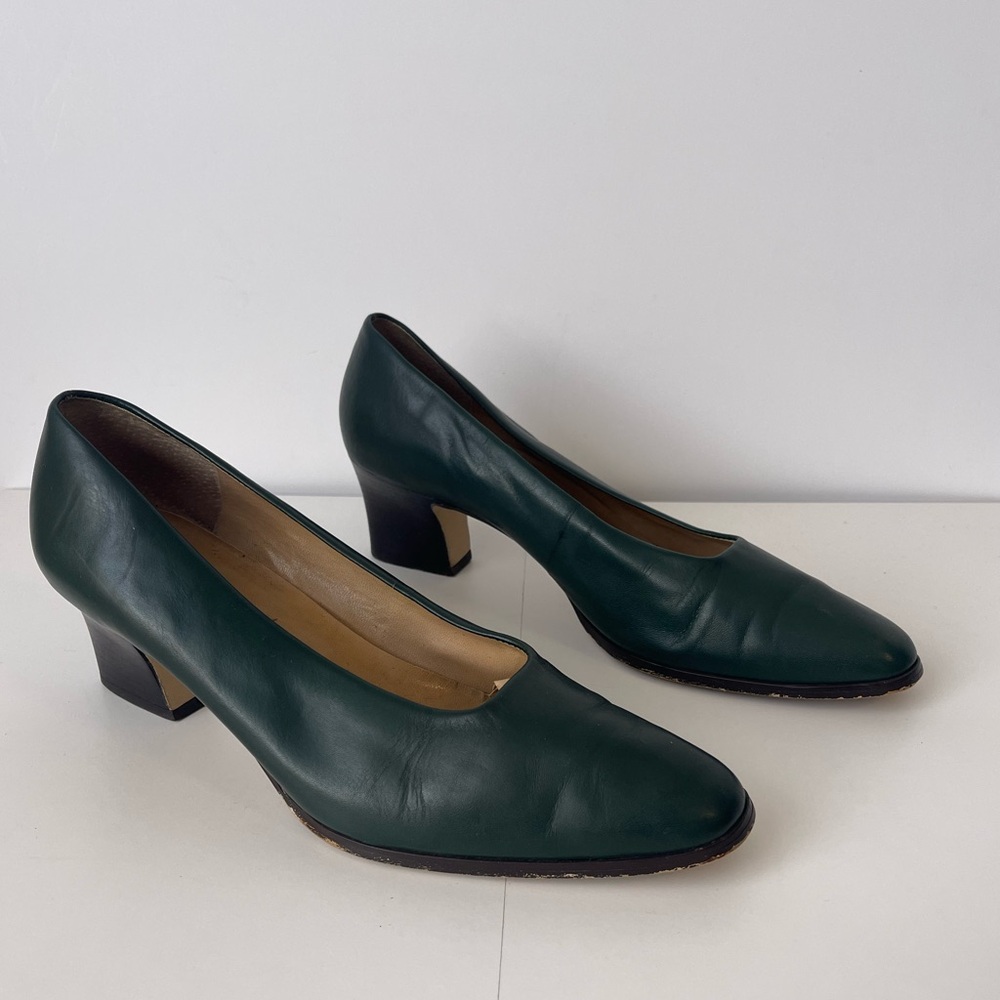 Forest Green Leather Vintage Pumps Vintage Shoes 9M - Picture 4 of 14